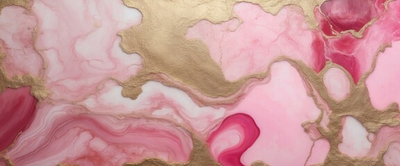 Soft rosy pink hues and opulent gold strokes form a decadent abstract marble pattern in this textured art piece