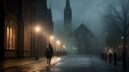 Fotobehang person walking on the street at night church in night  town london ancient night town © Volodymyr