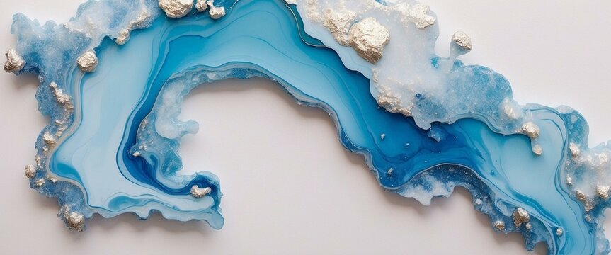 This image showcases a mesmerizing abstract blue geode artwork with gold foil accentuating its intricate patterns and textures