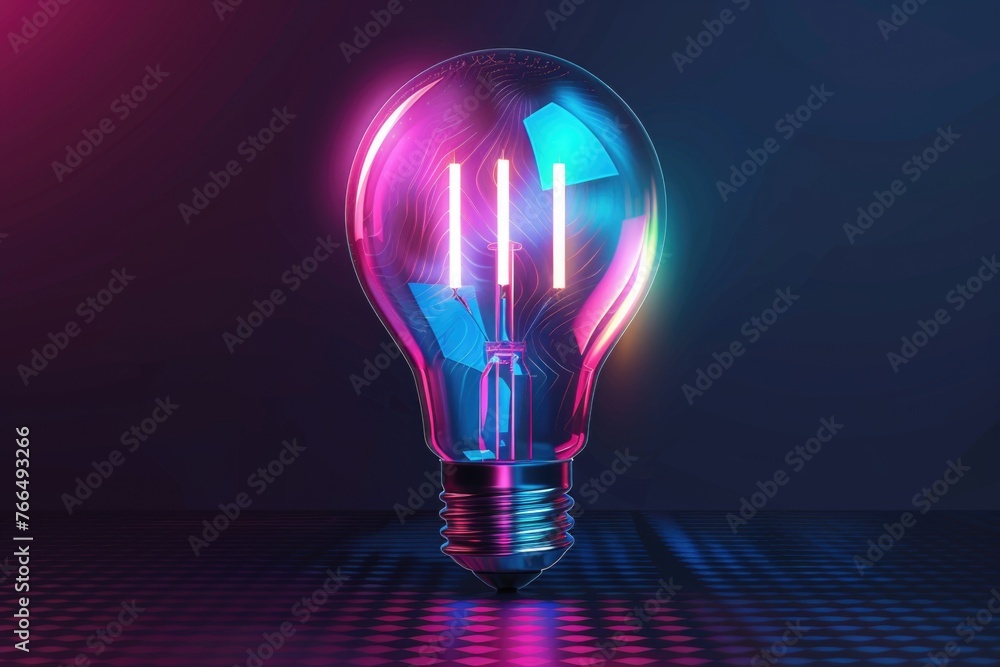 Poster Bright glowing light bulb on a table, suitable for various concepts