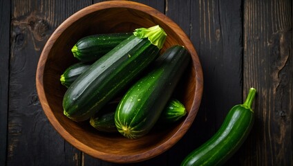 Fresh green zucchinis arranged neatly in a round wooden bowl on a dark wooden surface providing contrast