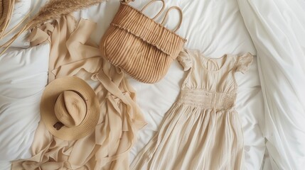 A stylish arrangement of clothing accessories on a bed. Perfect for fashion or lifestyle concepts