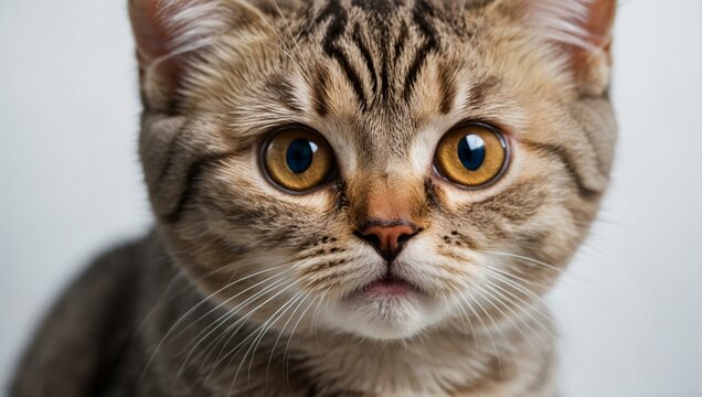 An appealing close-up of a tabby cat with striking amber eyes, generating a sense of curiosity and playfulness