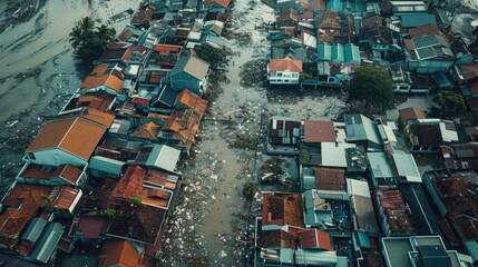 Aerial view of a flooded neighborhood, suitable for disaster relief campaigns