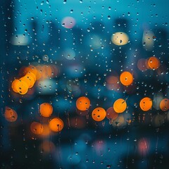 Close-up of raindrops on a window pane, highlighted by the warm bokeh glow of streetlights in the cool blue evening.