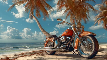 A classic cruiser motorcycle parked under palm trees by the sea
