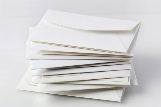 A stack of crisp white envelopes, with a blank label on each, ready for addressing, sealing, and sending, isolated on a white background.