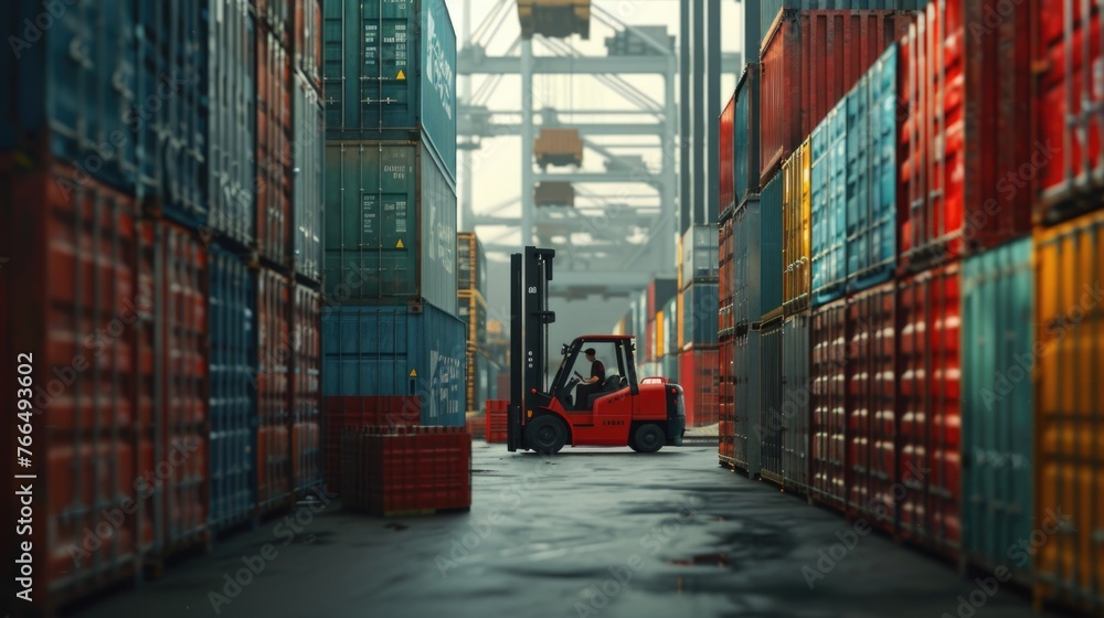 Aufkleber a forklift moving through a large container yard. suitable for logistics and transportation concepts