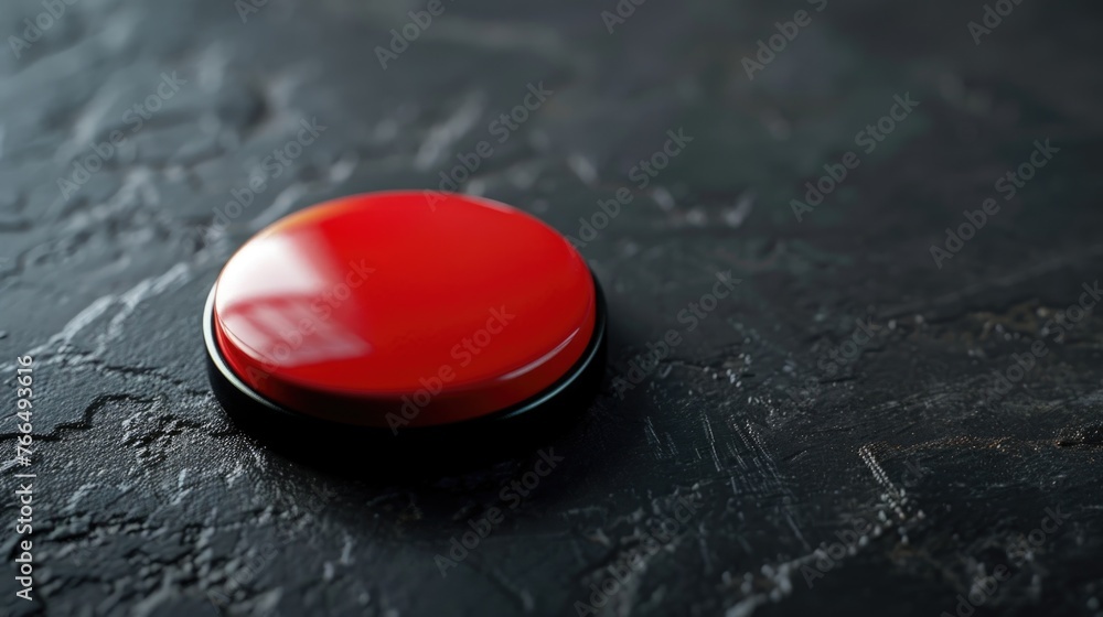 Poster red button on black surface, suitable for technology or office concepts