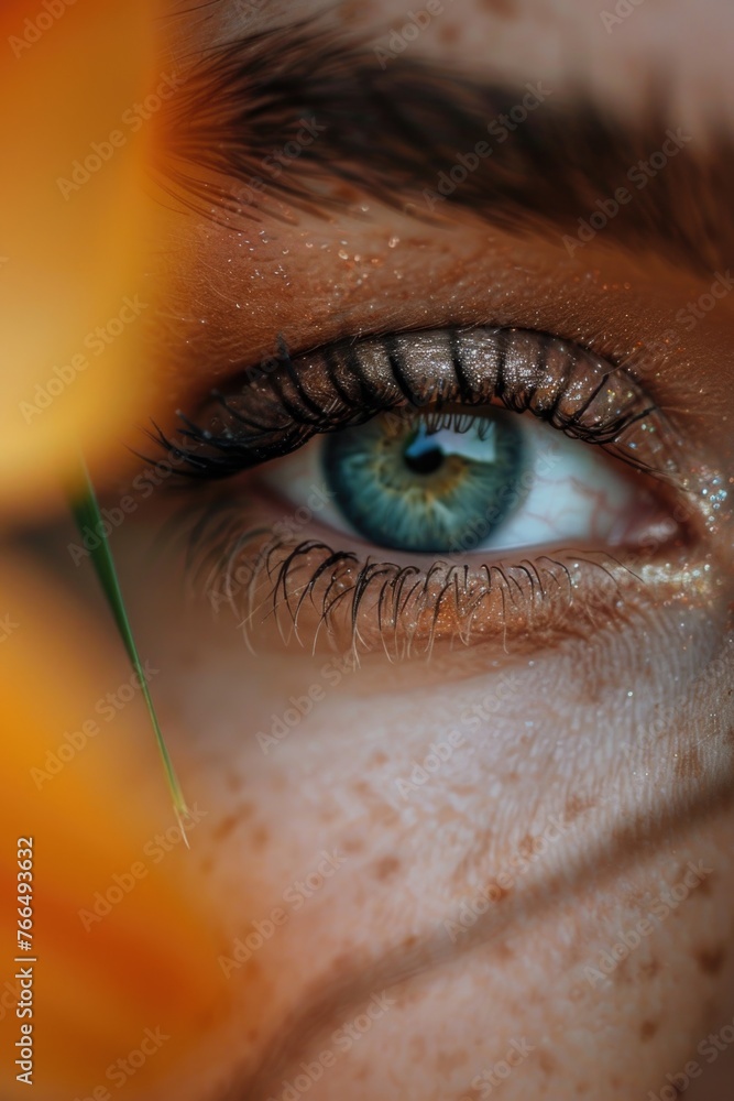 Aufkleber Close up of a person's eye with a flower in the background. Suitable for various design projects