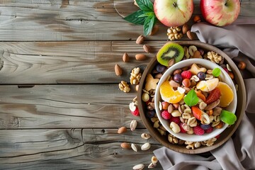 Wholesome Fruit and Nut Bowl, Rustic Wooden Table Background, Healthy Organic Snack, Still Life Food Arrangement