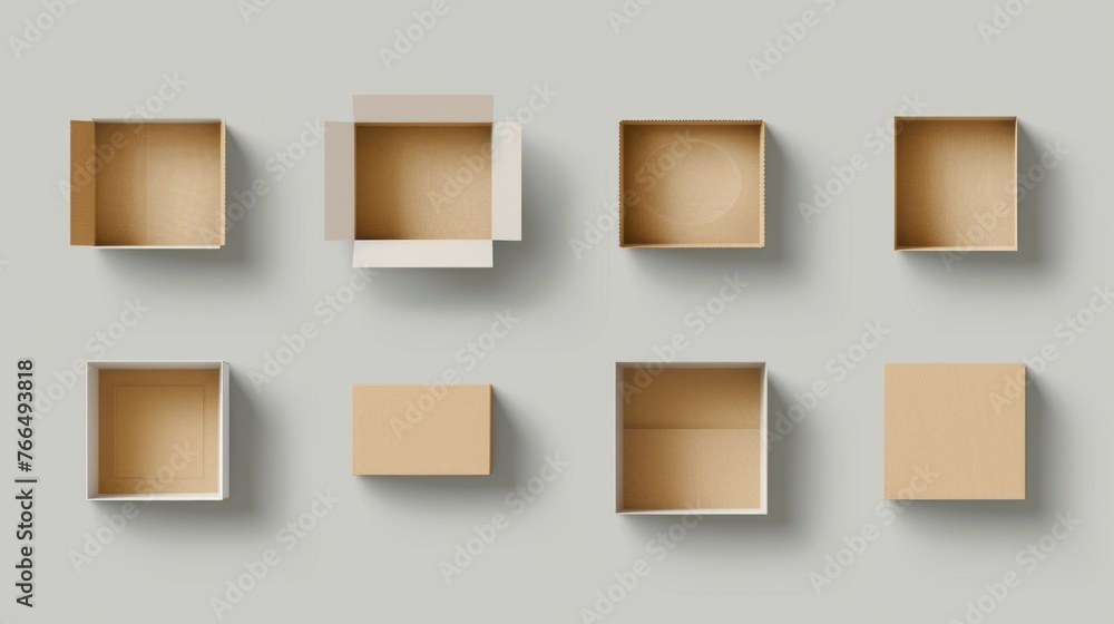 Poster Collection of empty boxes on a gray surface. Suitable for packaging and storage concepts