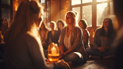 A group of women are sitting in a circle with their eyes closed and hands resting on their knees during a meditation session - obrazy, fototapety, plakaty