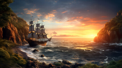 medieval ship sunset over the sea wallpaper for desktop
