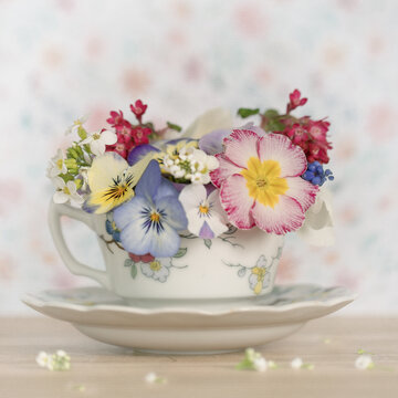 Kaffeetasse mit einem Strauss Fr&uuml;hlingsblumen vor einer Wand mit Bl&uuml;mchen Tapete