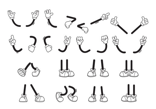 Vector Set of Retro Cartoon Legs in Footwear and gloved Arms Animation Gestures. Feet And Hands Poses