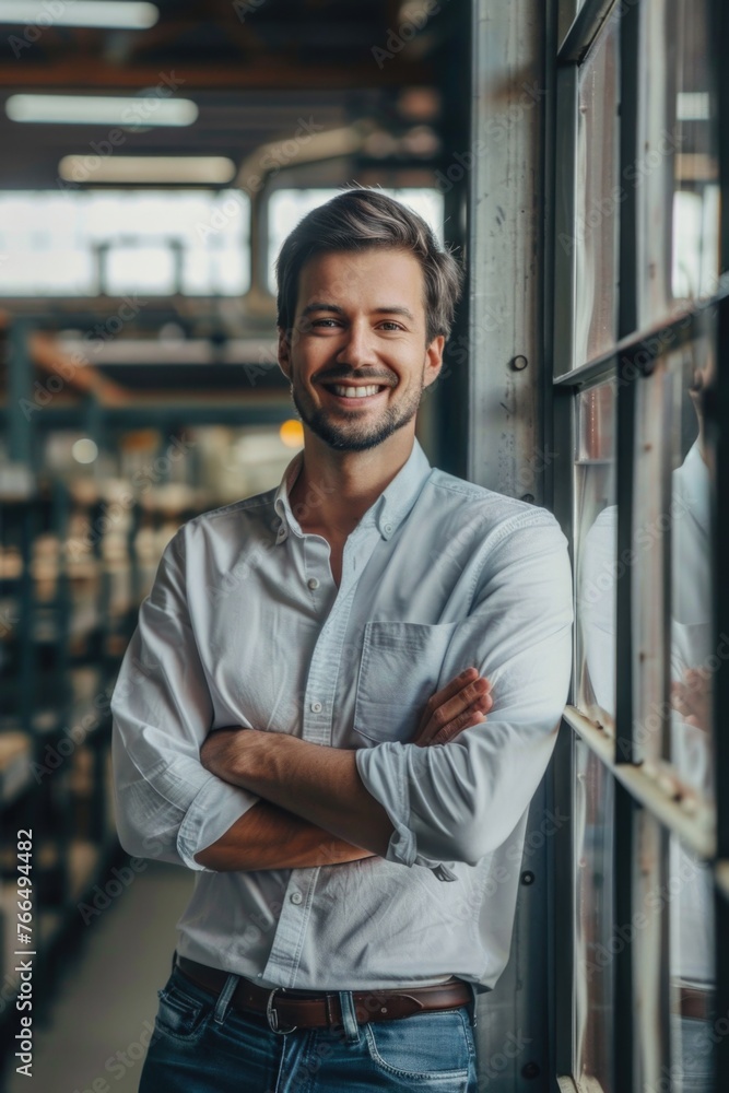 Poster a man standing in front of a window with his arms crossed. suitable for business and lifestyle conce