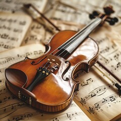 Fototapeta premium A beautifully crafted violin lies atop vintage sheet music, evoking a sense of history and musical tradition.