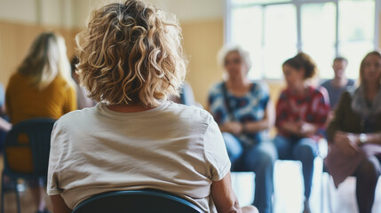 A group of people is sitting in a circle, engaged in a therapy meeting. They are actively...