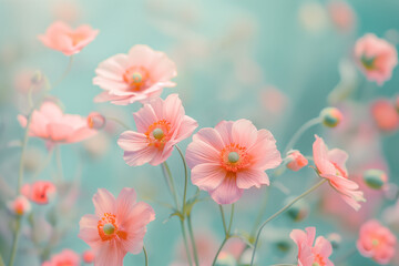 Pink spring flowers on mint background - 766494472