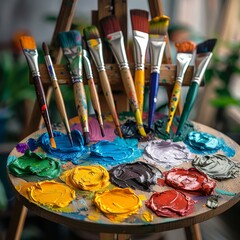 Obraz premium An array of paint brushes, each with its own character, stands proudly against a palette smeared with bold, colorful strokes of paint.