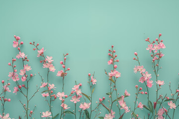 Pink spring flowers on mint background