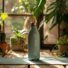Sustainable stainless steel water bottle on a yoga mat amidst lush indoor plants, promoting eco-conscious lifestyle.