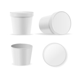 White Blank Glossy Round Food Containers For Brand Displays and Advertising. Closed and Open Ice Cream Bucket Mockups