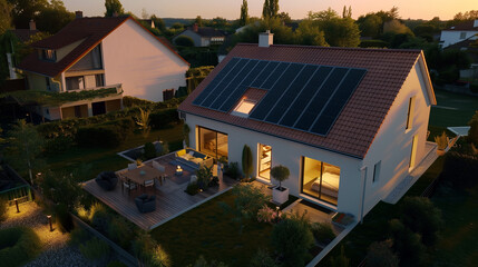 A modern detached house with a solar panel installed on the roof at night, utilizing renewable energy and batteries to generate electricity throughout the day and night.