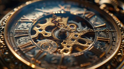 Fototapeta na wymiar Extreme close-up of the elaborate inner workings of a mechanical pocket watch, with a focus on the gears and hands.