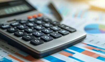 An electronic calculator rests on vibrant financial charts, highlighting tools used in budget analysis and fiscal planning.