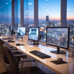 Naklejka premium Empty office space with computers at night