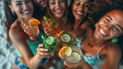 A group of women are smiling and holding up glasses of drinks - 766494898