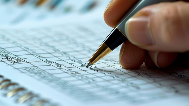 A person meticulously records numerical financial data into a ledger with a ballpoint pen, showcasing personal accounting and budgeting.