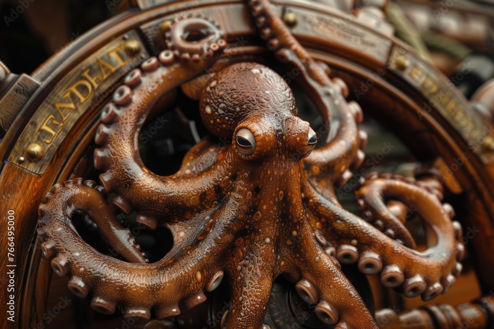 Poster close up of a clock with an octopus design, perfect for marine or time concept