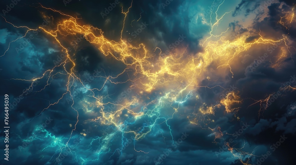 Poster a dramatic image of a lightning storm in the sky. perfect for illustrating power of nature