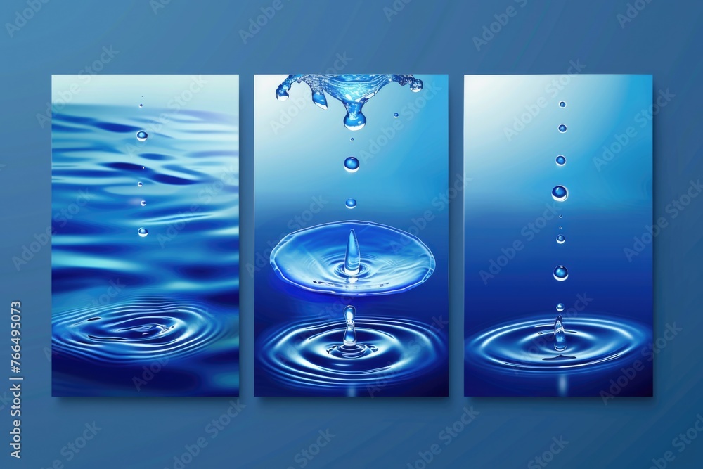 Poster three panels of water with a drop coming out, suitable for various design projects