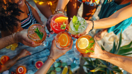A group of people are holding up glasses of various cocktails - 766495043
