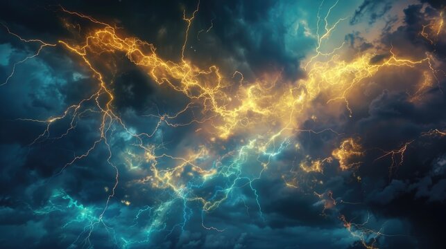 A dramatic image of a lightning storm in the sky. Perfect for illustrating power of nature
