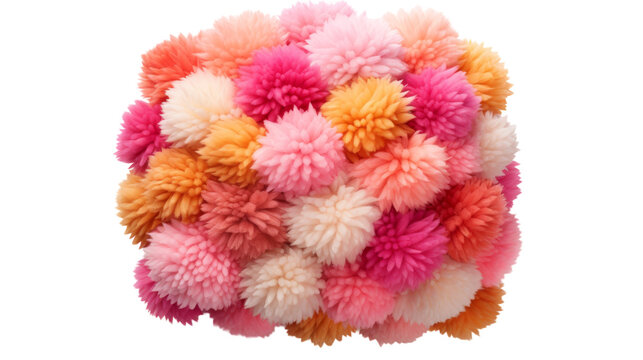Vibrant assortment of fluffy, colorful pom poms in a playful arrangement