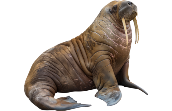 Walrus with prominent tusks seated, cut out transparent