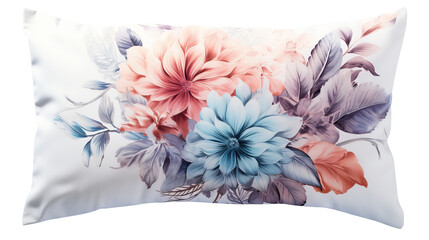 A white pillow adorned with delicate pink and blue flowers, creating a serene and elegant vibe