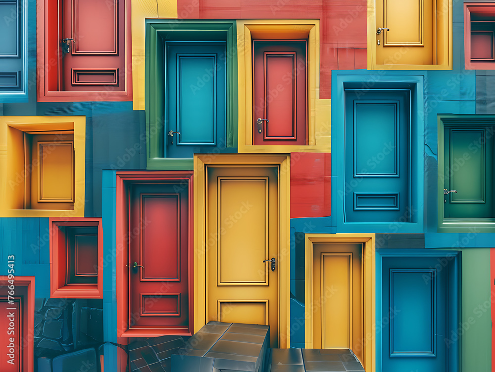 Poster interconnected doorways abstract maze background artistic design concept.