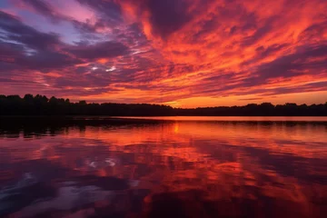 Foto op Canvas A vivid sunset sky over a calm lake © Adobe Contributor