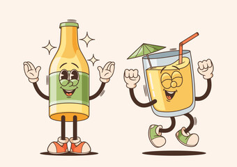 Colorful Cartoon Bottle and Cocktail Cup Characters With Wide Smiles. Isolated Vector Retro Drink Personages
