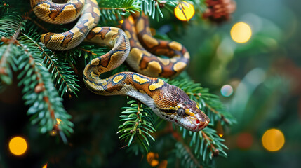 Christmas tree branch with snake like a garland, symbol of 2025 new year, calendar front page or horizontal greeting card template. - obrazy, fototapety, plakaty