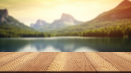 The empty wooden table top with blur background of summer lakes mountain. Exuberant image....