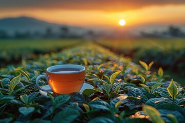 A clear cup of tea on a ledge with a vibrant tea plantation in the background at sunrise. Place for text - obrazy, fototapety, plakaty