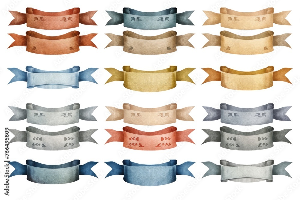 Poster a variety of different colored ribbons on a plain white background. ideal for use in crafts and cele