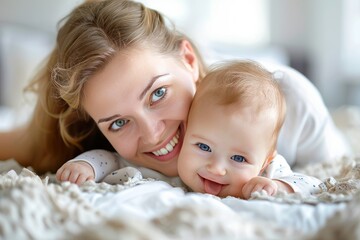 Cute happy baby and mother lying on a white bed, smiling at the camera